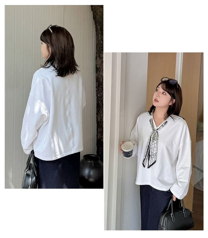 Plus Size Collar V-Neck Plain Pullover with Print Twilly