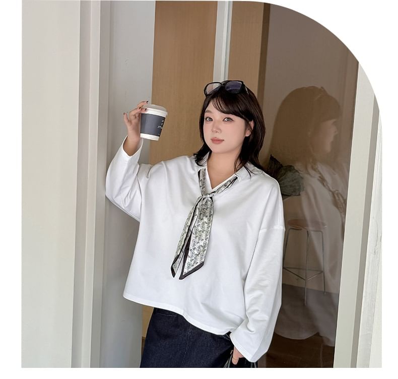 Plus Size Collar V-Neck Plain Pullover with Print Twilly