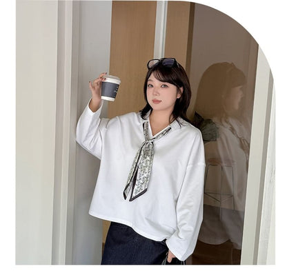 Plus Size Collar V-Neck Plain Pullover with Print Twilly