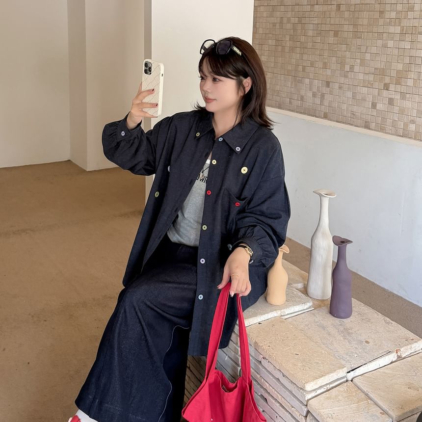 Plus Size Long-Sleeve Button Accent Pocket Detail Oversized Shirt