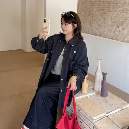 Plus Size Long-Sleeve Button Accent Pocket Detail Oversized Shirt