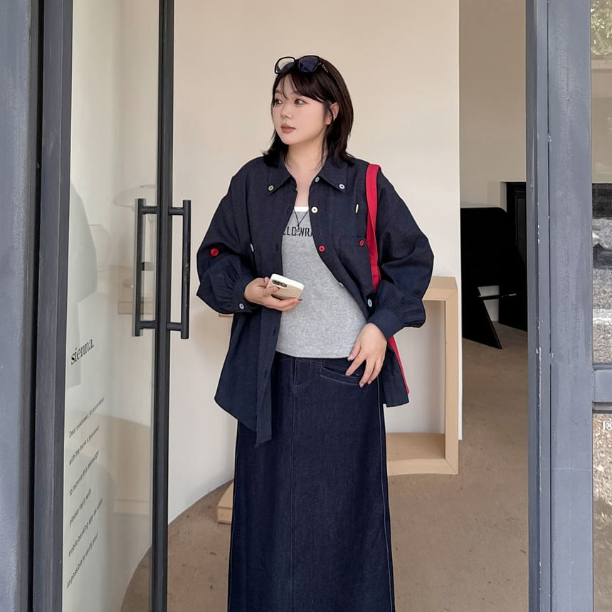 Plus Size Long-Sleeve Button Accent Pocket Detail Oversized Shirt