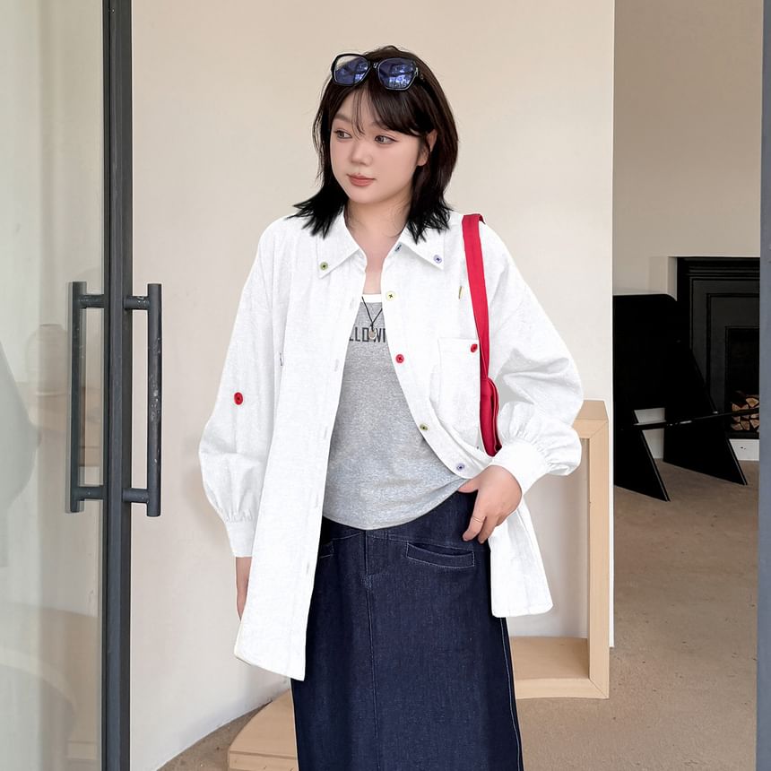 Plus Size Long-Sleeve Button Accent Pocket Detail Oversized Shirt