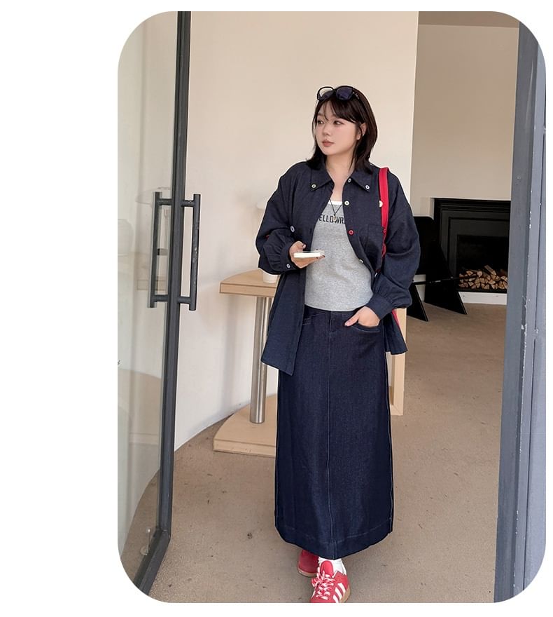 Plus Size Long-Sleeve Button Accent Pocket Detail Oversized Shirt