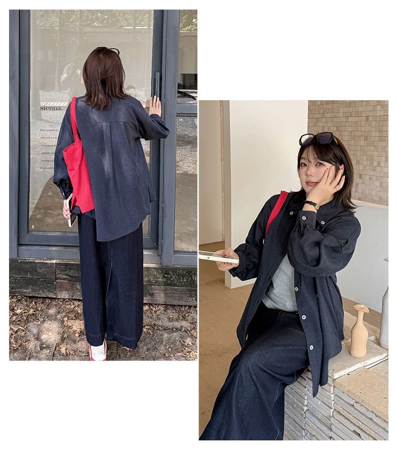 Plus Size Long-Sleeve Button Accent Pocket Detail Oversized Shirt