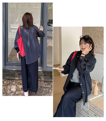 Plus Size Long-Sleeve Button Accent Pocket Detail Oversized Shirt