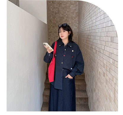 Plus Size Long-Sleeve Button Accent Pocket Detail Oversized Shirt