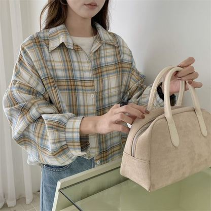 Plaid Puff-Sleeve Button Shirt