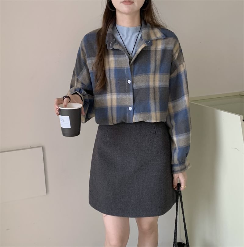 Plaid Puff-Sleeve Button Shirt