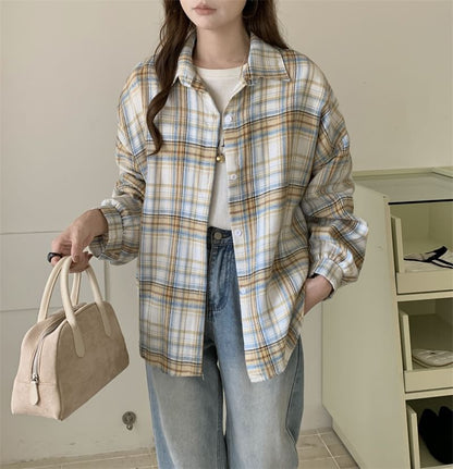 Plaid Puff-Sleeve Button Shirt