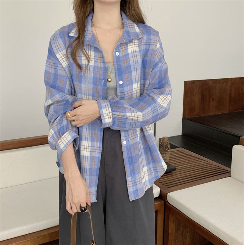 Plaid Puff-Sleeve Button Shirt