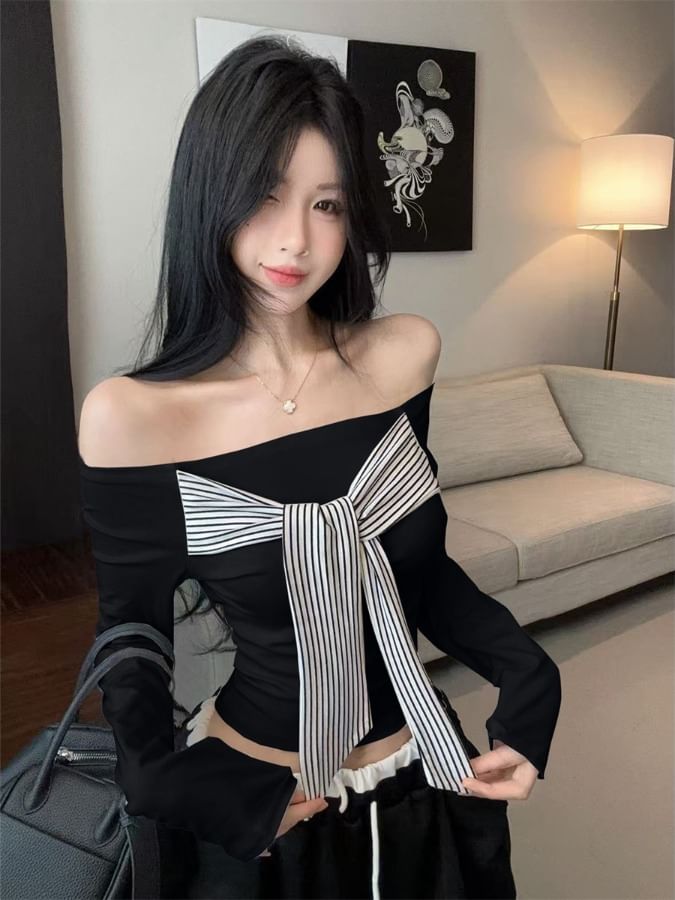 Striped Panel Knot-Front Off-Shoulder Crop Tee, Long Sleeves