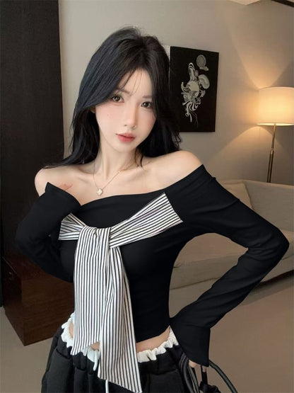 Striped Panel Knot-Front Off-Shoulder Crop Tee, Long Sleeves