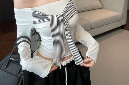 Striped Panel Knot-Front Off-Shoulder Crop Tee, Long Sleeves