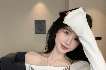 Striped Panel Knot-Front Off-Shoulder Crop Tee, Long Sleeves