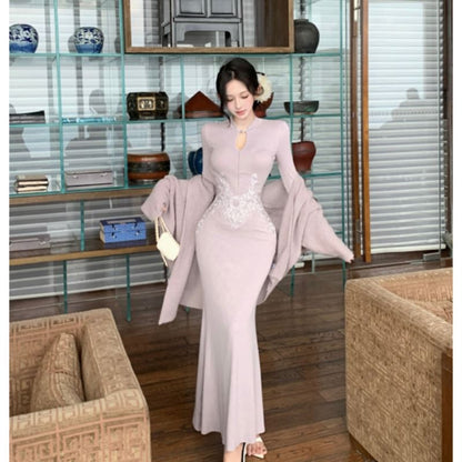 Long-Sleeve Patterned Maxi Sheath Qipao / Plain Ribbed Open Front Cardigan