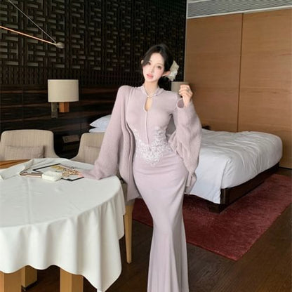 Long-Sleeve Patterned Maxi Sheath Qipao / Plain Ribbed Open Front Cardigan