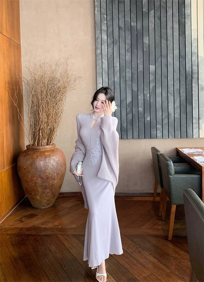 Long-Sleeve Patterned Maxi Sheath Qipao / Plain Ribbed Open Front Cardigan