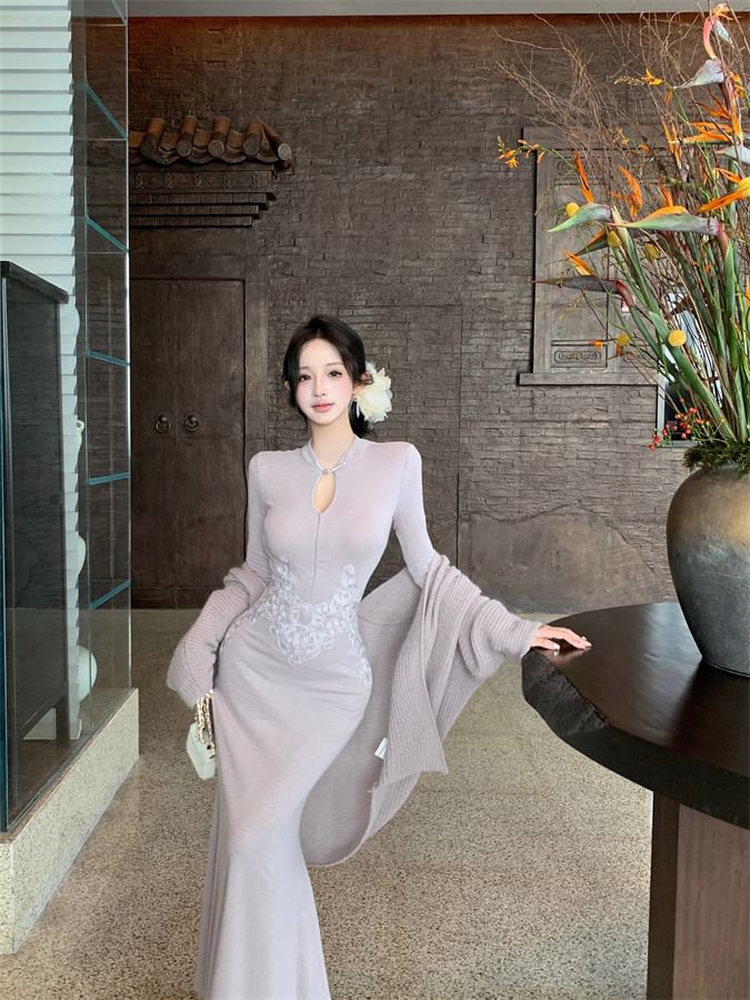 Long-Sleeve Patterned Maxi Sheath Qipao / Plain Ribbed Open Front Cardigan