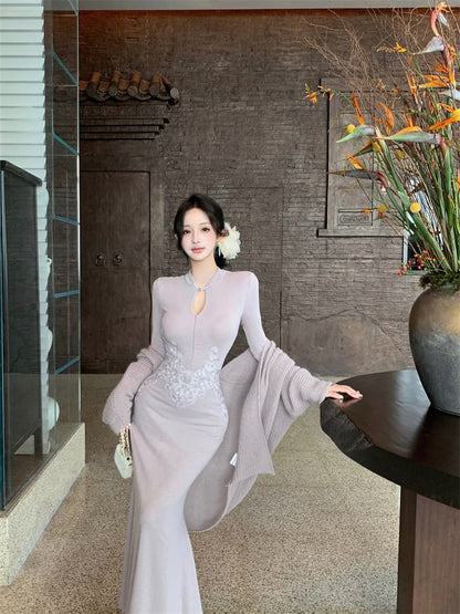 Long-Sleeve Patterned Maxi Sheath Qipao / Plain Ribbed Open Front Cardigan