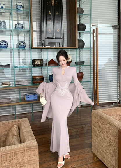 Long-Sleeve Patterned Maxi Sheath Qipao / Plain Ribbed Open Front Cardigan