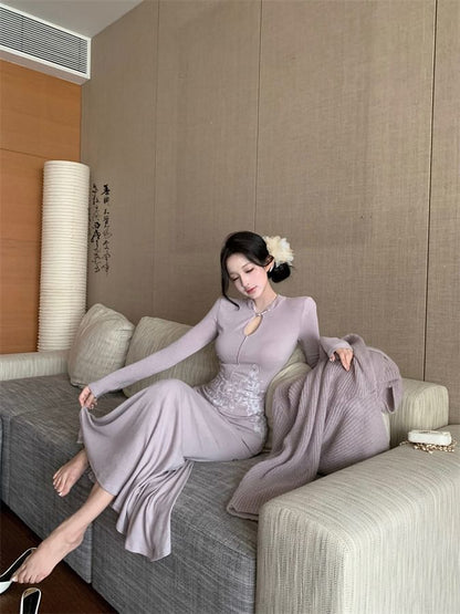 Long-Sleeve Patterned Maxi Sheath Qipao / Plain Ribbed Open Front Cardigan