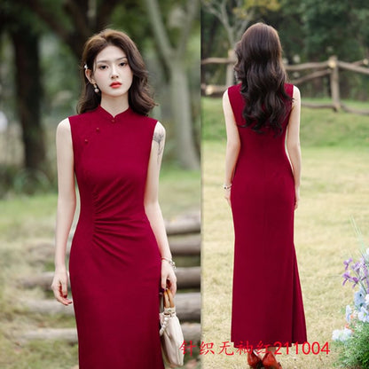 Sleeveless Embroidered Ruched Maxi Qipao