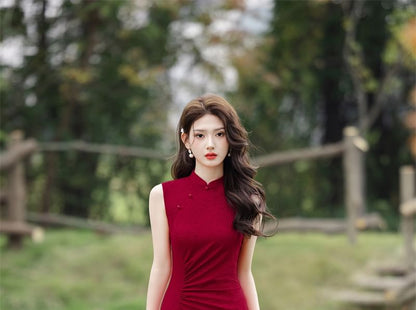 Sleeveless Embroidered Ruched Maxi Qipao