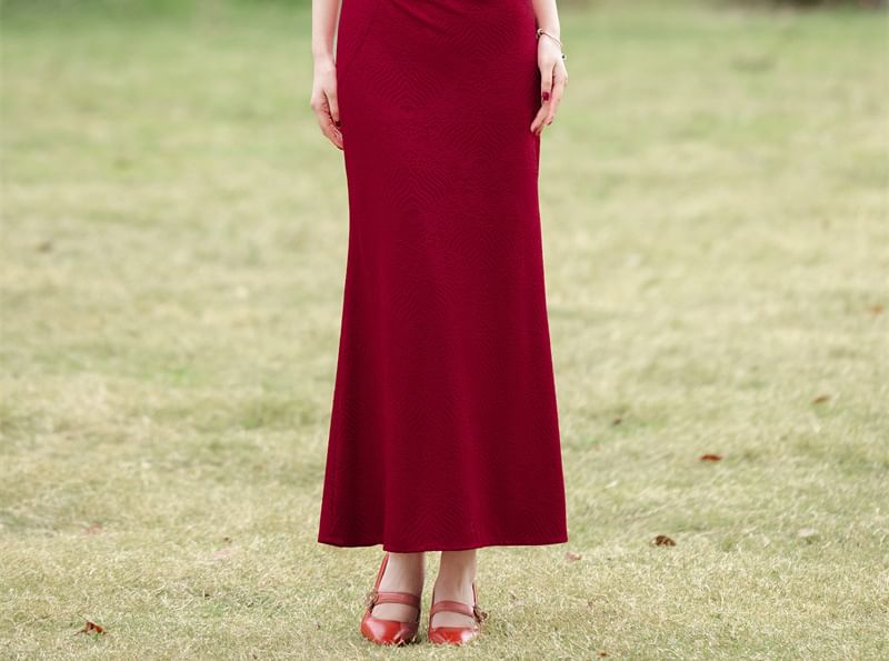 Sleeveless Embroidered Ruched Maxi Qipao
