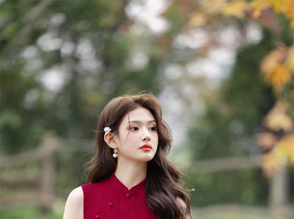 Sleeveless Embroidered Ruched Maxi Qipao
