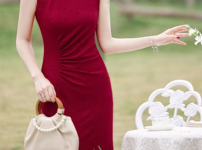 Sleeveless Embroidered Ruched Maxi Qipao