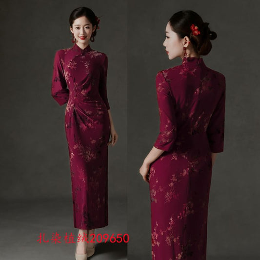 3/4-Sleeve Floral Qipao