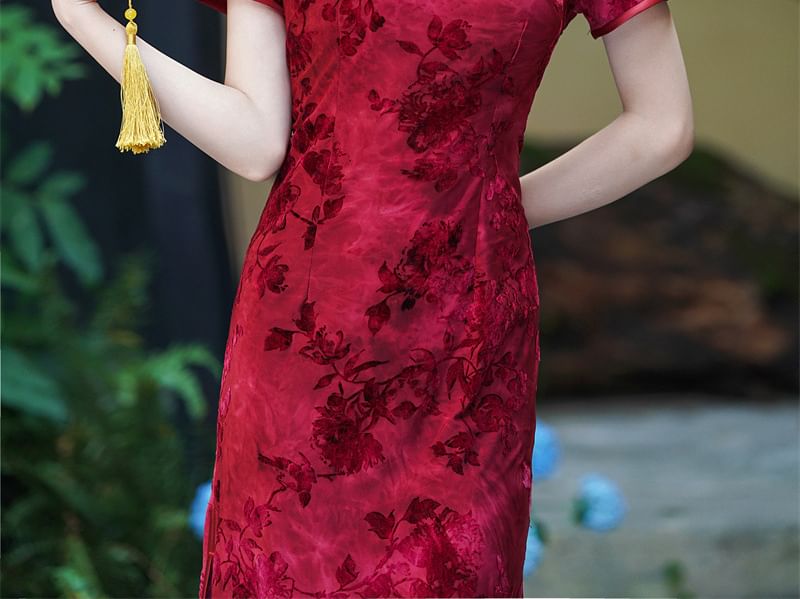 Short Sleeve Mandarin Collar Floral Midi Qipao