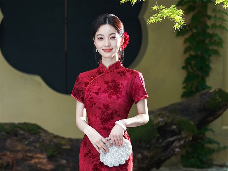 Short Sleeve Mandarin Collar Floral Midi Qipao