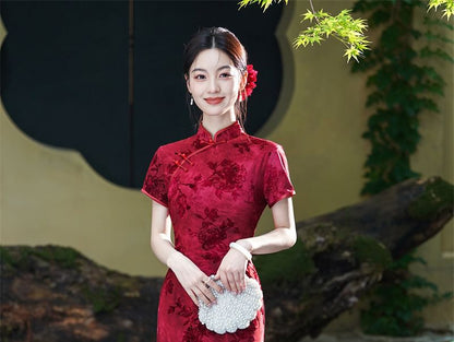 Short Sleeve Mandarin Collar Floral Midi Qipao