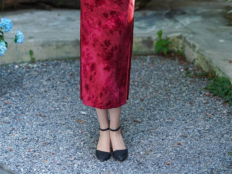 Short Sleeve Mandarin Collar Floral Midi Qipao