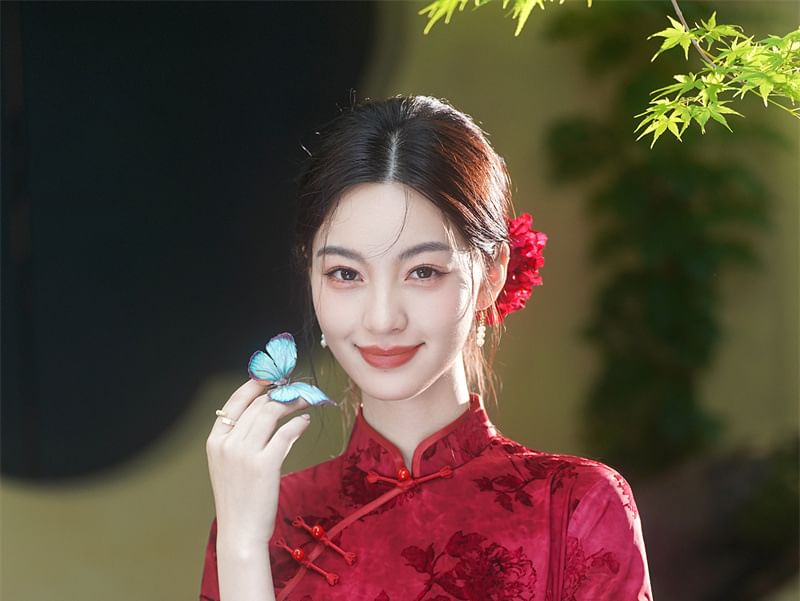 Short Sleeve Mandarin Collar Floral Midi Qipao
