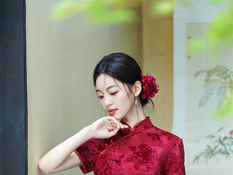 Short Sleeve Mandarin Collar Floral Midi Qipao