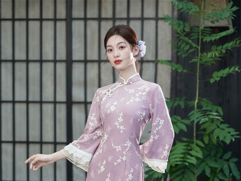 Long-Sleeve Floral Midi Qipao