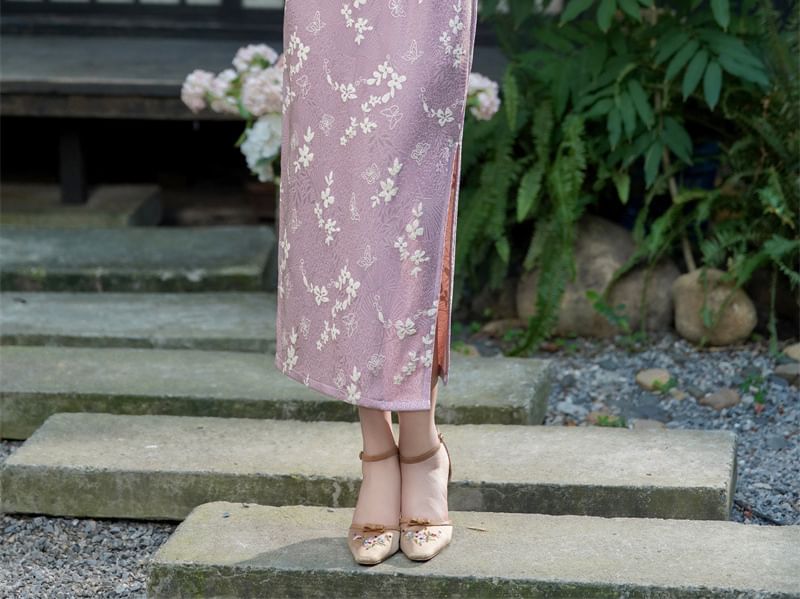 Long-Sleeve Floral Midi Qipao