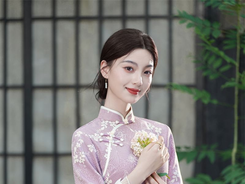 Long-Sleeve Floral Midi Qipao