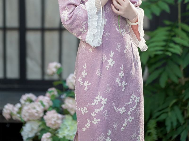 Long-Sleeve Floral Midi Qipao