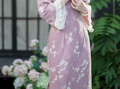 Long-Sleeve Floral Midi Qipao