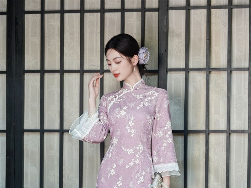 Long-Sleeve Floral Midi Qipao