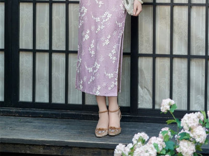 Long-Sleeve Floral Midi Qipao