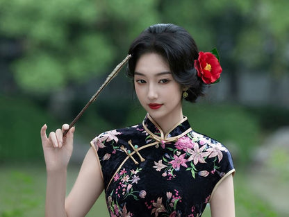 Cap-Sleeve Floral Midi Qipao