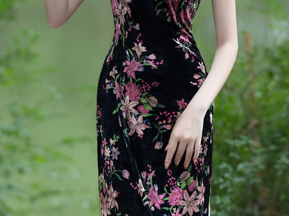 Cap-Sleeve Floral Midi Qipao