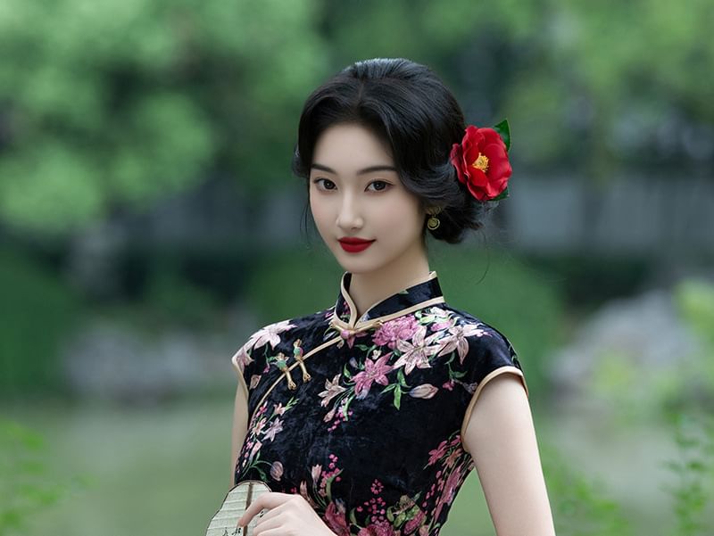 Cap-Sleeve Floral Midi Qipao