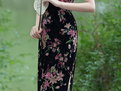 Cap-Sleeve Floral Midi Qipao