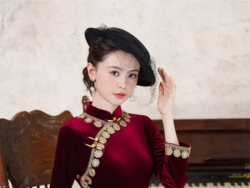 Long-Sleeve Velvet Midi Qipao